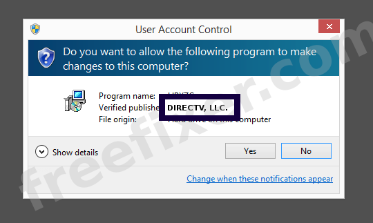 Screenshot where DIRECTV, LLC. appears as the verified publisher in the UAC dialog